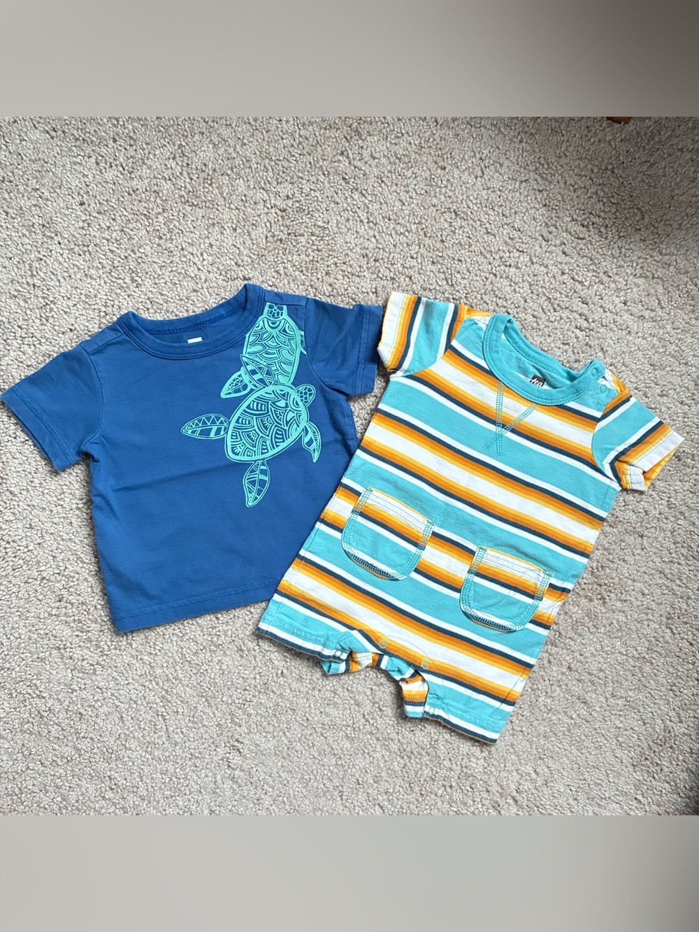 Tea Collection Turquoise, Yellow & Navy Striped Baby Romper and T-shirt